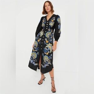 new Farm Rio stitched garden black floral midi long sleeve dress